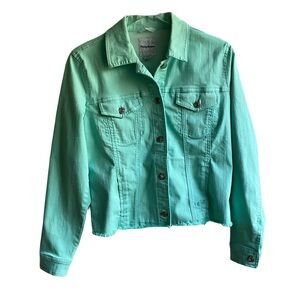 Tommy Bahama Turquoise Denim Jacket Size S Raw Hem Stretch Cotton Jean Pockets